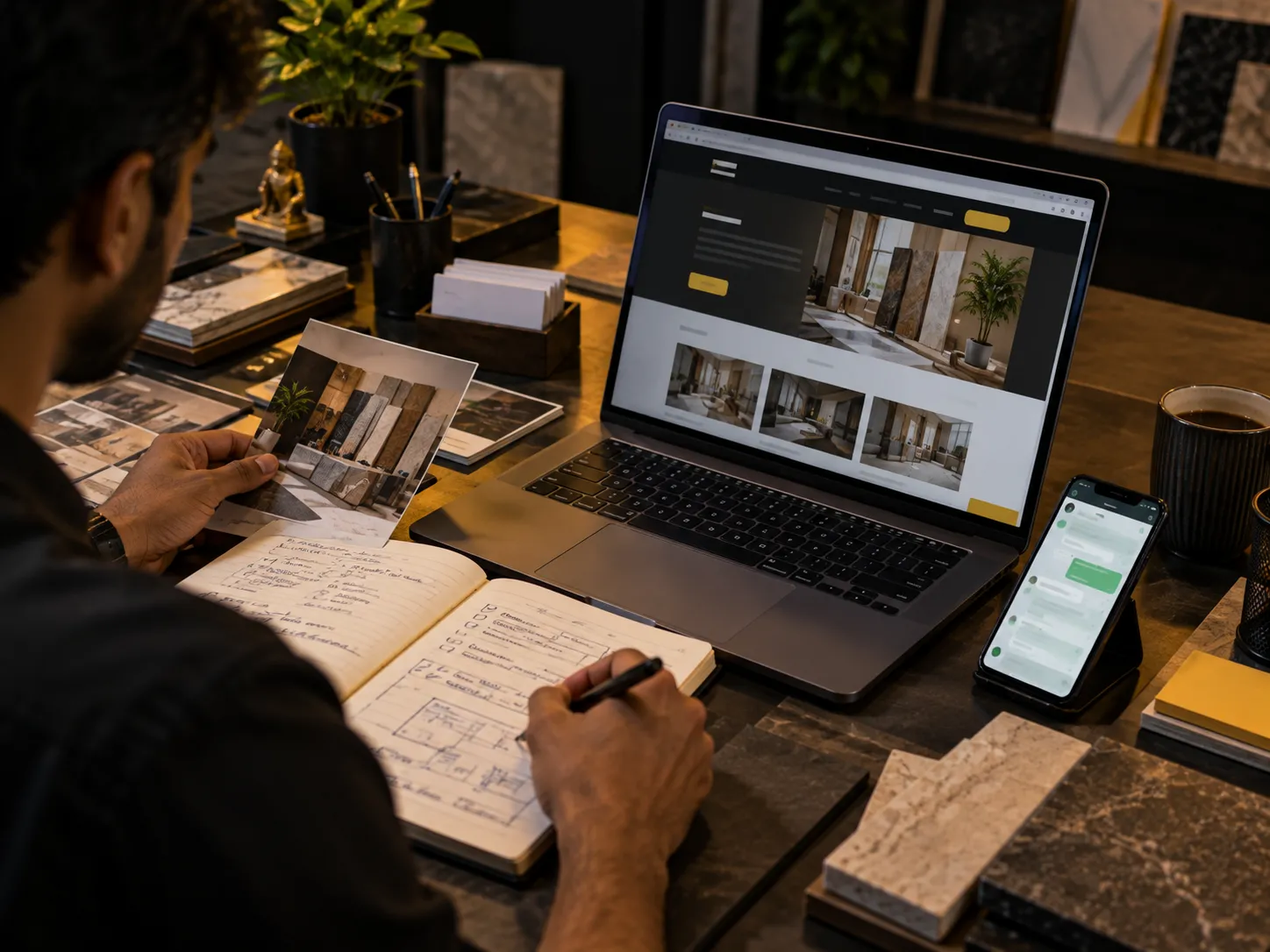 A designer showing a website layout to a business owner on a laptop