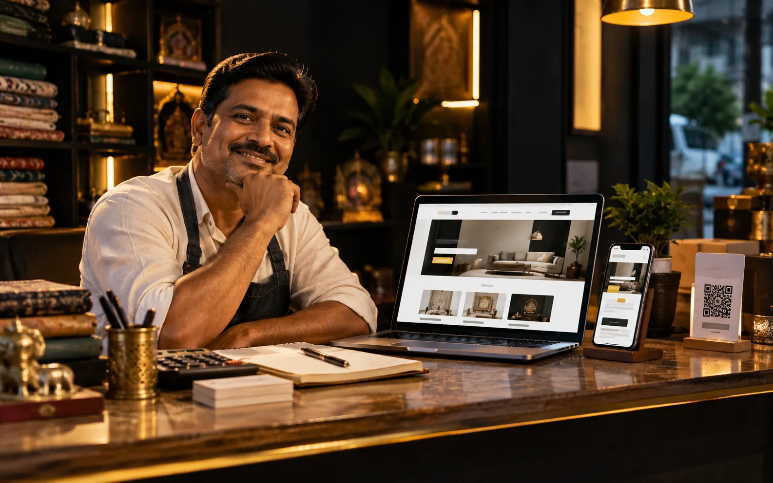A smiling shop owner at his counter with a laptop and phone showing his business website